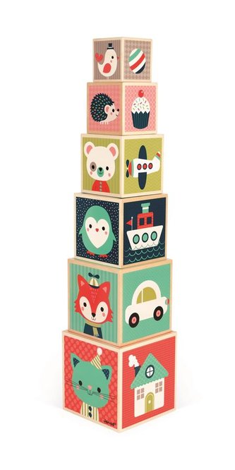 Skládací dřevěná pyramida Zvířata Čísla Věci Janod čtvercová 6 dílů od 1 roku