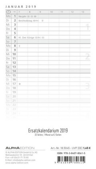 Ersatzkalendarium für Taschenplaner geheftet 2019