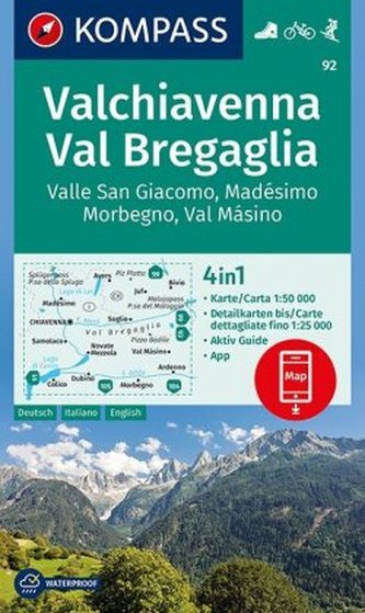 Kompass Karte Valchiavenna, Val Bregaglia, Valle San Giacomo, Madésimo, Morbegno, Val Másino