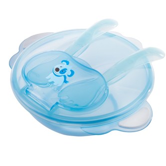 Dětská miska se lžičkou a vidličkou Akuku pejsek modrá