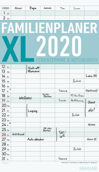 Familienplaner XL 2020 mit 6 Spalten - Offset-Papier - Familienkalender - Familientimer (26 x 45) - mit Ferienterminen - 6 Spalt