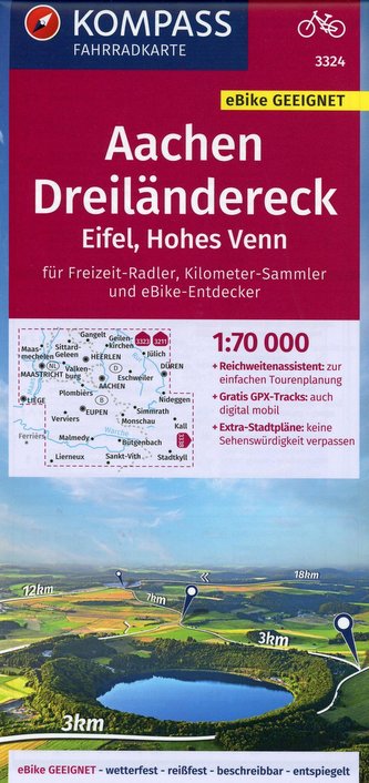 KOMPASS Fahrradkarte Aachen, Dreiländereck, Eifel, Hohes Venn 1:70.000, FK 3324