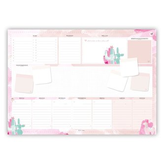 Rosa Schreibtischunterlage in DIN A2 aus Papier zum Abreißen. Mit Kaktus und Alpaka Motiv. Design in rosa und pinkem Aquarell, b