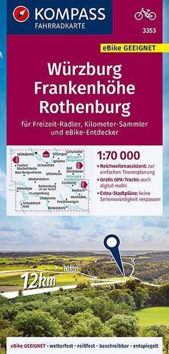 KOMPASS Fahrradkarte Würzburg, Frankenhöhe, Rothenburg 1:70.000, FK 3353