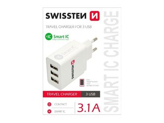 Adaptér síťový SWISSTEN SMART IC 3x USB 3,1A POWER BÍLÝ