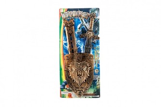 Meč so štítom a puzdrom plast 55cm na karte 25x57cm