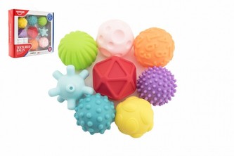 Sada loptičiek 8ks s textúrou gumové 6-7cm v krabici 29x26x7cm 6m+