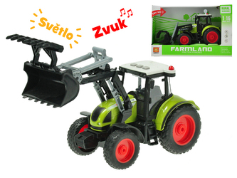 Traktor nakladač 24cm 1:16 na setrvačník na baterie se světlem a zvukem v krabičce
