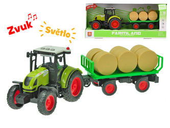Traktor s vlečkou 38cm 1:16 na setrvačník na baterie se světlem a zvukem v krabičce