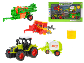 Traktor 15cm na setrvačník s přívěsy a doplňky v krabičce