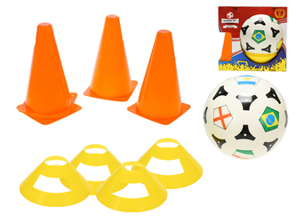 Fotbalové kužely 18cm 4ks s míčem 23cm + mety 4ks 10m+ v krabičce