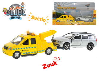 Auto kov 14cm na zpětný chod na baterie se světlem a zvukem s přívěsem + Volvo V70 13cm v krabičce