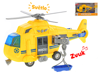 Helikoptéra 28cm na setrvačník na baterie se světlem a zvukem žlutá v krabičce