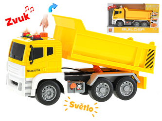 Auto sklápěčka 28cm 1:12 na setrvačník na baterie se světlem a zvukem v krabičce