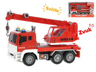 Auto jeřáb 28cm 1:12 pohyblivé části na setrvačník na baterie se světlem a zvukem v krabičce