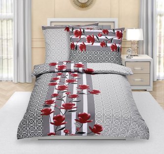 Povlečení bavlněné - keřík na šedé - růžová, šedá - 140x220, 70x90