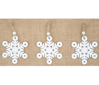 Dekorace vánoční - Vločka dřevěná bílá 6,5cm 3ks, na zavěšení, 4854