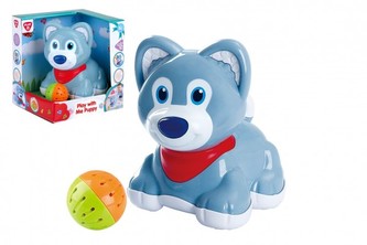 Pes/pejsek s míčkem plast na baterie se zvukem v krabici 19x20x16cm 6m+