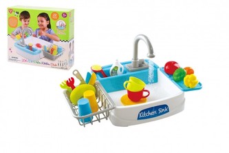Dřez na mytí nádobí + kohoutek na vodu na baterie plast s doplňky 22ks v krabici 32x28x10cm