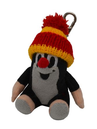 Krtek 9cm sedící s červeno-žlutým kulichem s karabinkou