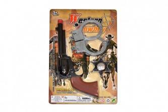 Pistole/Kolt klapací 22cm plast šerifská hvězda a pouta westernový set na kartě