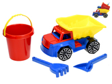 Nákladní auto 29cm se sadou na písek - kbelík, lopatka a hrabičky v síťce
