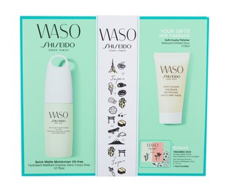 Shiseido Waso denní pleťová péče Waso Quick Matte Moisturizer Oil-Free 75 ml + pleťový peeling Waso Soft+Cushy Polisher 30 ml + oční sérum Waso Eye Opening Essence 0,3 ml + podkladová báze Waso Poreless Matte Primer 0,3 ml