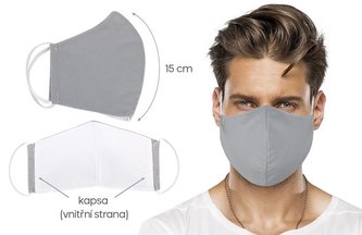 Ústní rouška bavlněná na gumičku s vnitřní kapsou - Uni šedá - délka oblouku 15cm