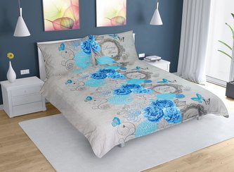 Povlečení bavlna na dvoudeku - modrá růže - 1x 240x220, 2ks 70x90 cm (240 cm šířka x 220 cm délka prodloužená)