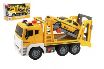 Auto kamión prepravník+1 auto plast na zotrvačník na bat. so zvukom so svetlom v krabici 36x21x14