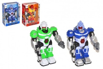 Robot chodící plast 25cm na baterie se světlem se zvukem 2 barvy v krabici 20x28x11cm