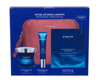 PAYOT Blue Techni Liss denní pleťový krém Blue Techni Liss 50 ml + oční gel Blue Techni Liss 15 ml + pleťová maska Blue Techni Liss Week-End 3 ks + kosmetická taštička