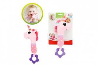 Jednorožec hrkálka/hryzátko 25cm plyš ružový na karte 0m+