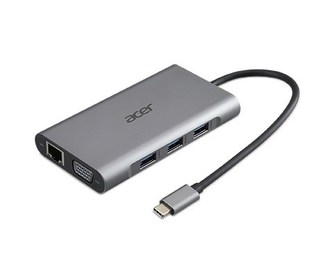 ACER 10IN1 TYPE C DONGLE: 3 X USB 3.0, 1 X HDMI, 1 X VGA, 1 X TYPE C PD, 1 X SD CARD READER, 1 X TF