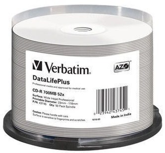 VERBATIM CD-R (50-balenie) spindl, AZO 52X, 700 MB, BIELY ŠIROKÝ POVRCH NA POTIAH NEIDID.