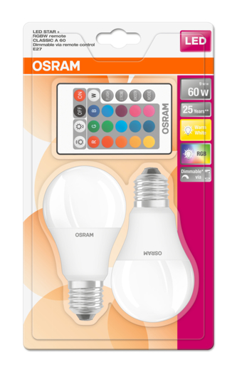 OSRAM LED STAR+ CL A RGBW FR 9W 827 E27 806lm 2700K (CRI 80) 25000h A+ DIMmable Rem Ctrl (Krabička 2ks)