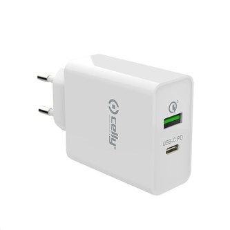Celly nabíječka do sítě, 1x USB, 1x USB-C, bílá